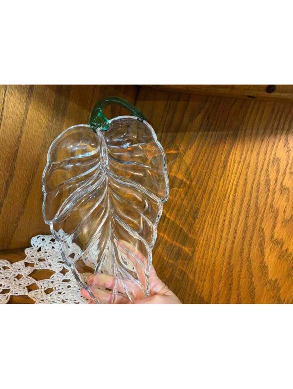 Vintage Mid-Century Clear Glass Leaf Shaped Serving Dish with Green Stem Handle